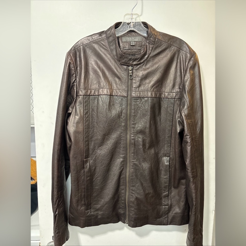 WITCHERY MAN Brown Leather Biker Moto Jacket Zip Up Zipper Sleeves Size M